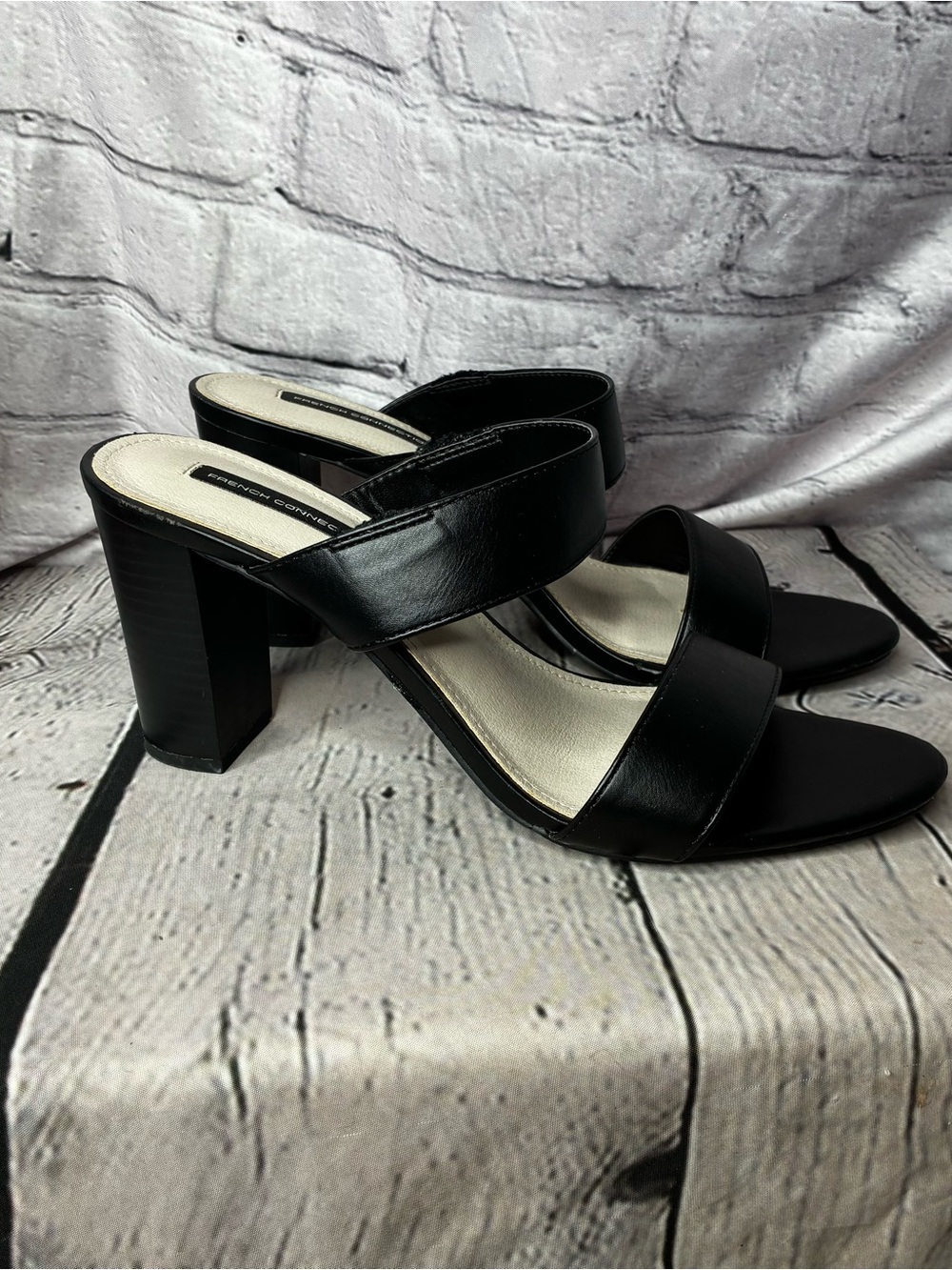 French Connection Minimalist Black Pleather Office Block Heel Mule Sandals Sz 11